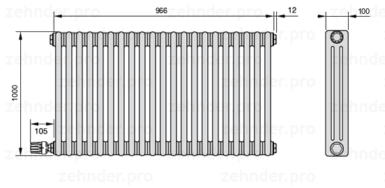 Схема (чертеж) Радиатор Zehnder Charleston 3100/21 №V004 Белый глянцевый RAL 9016